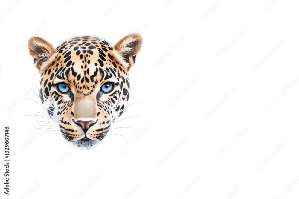 Naklejka premium Stunning leopard face illustration featuring striking blue eyes and detailed spots, perfect for wildlife themes, nature conservation, and animal graphics