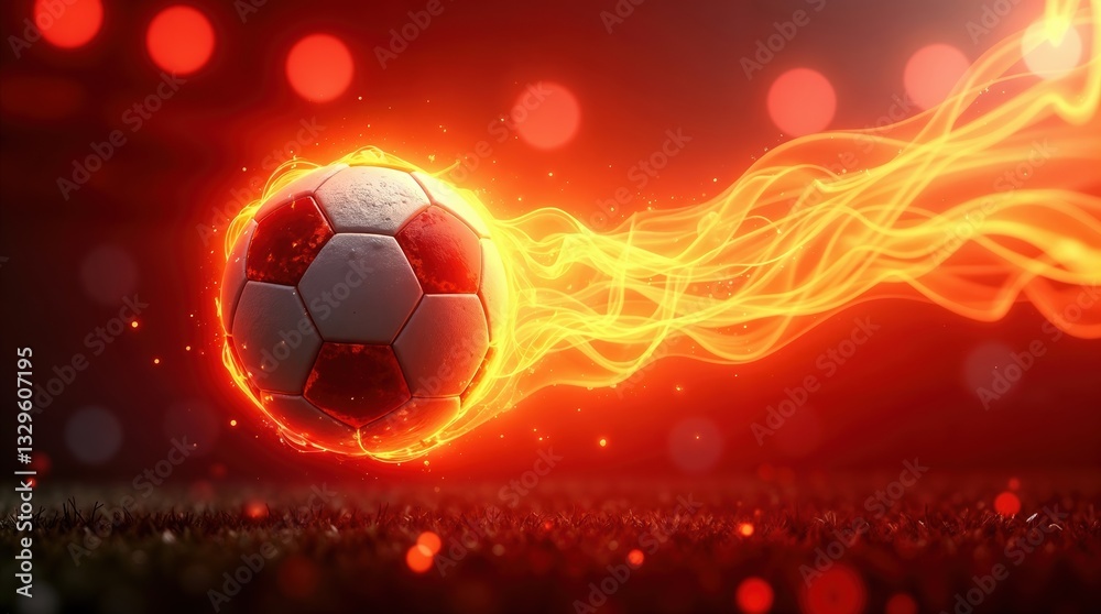 Fototapeta premium Blazing Soccer Ball Flying Across the Field with Fiery Streaks