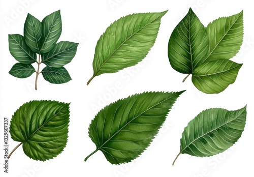 Six Green Leaves Botanical Illustration Isolated on White