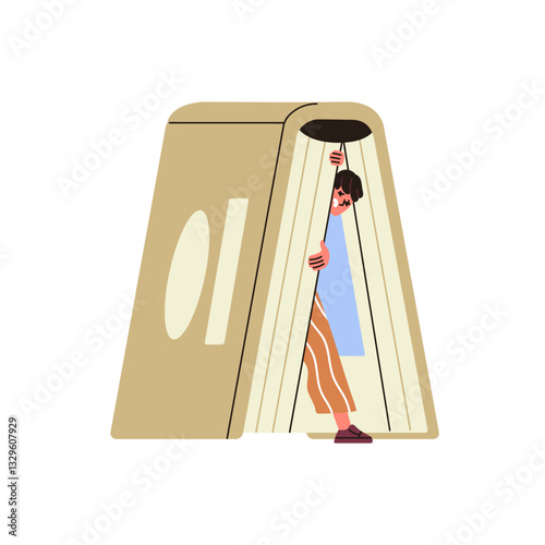 Afraid reader hides in book house. Tiny person is in fear by scary novel, terrified by thriller story. Concept of reading horror literature. Flat isolated vector illustration on white background