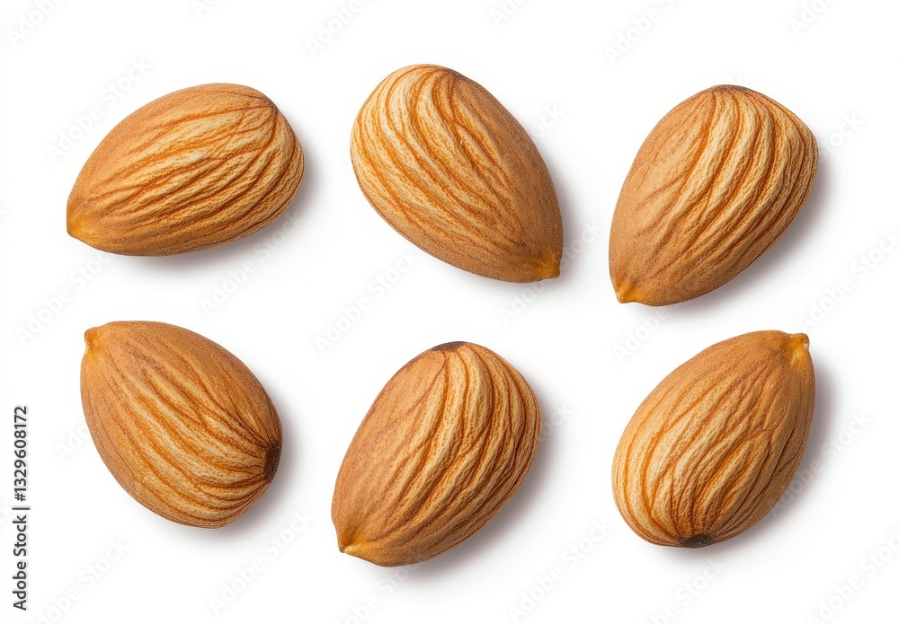 Six Light Brown Almonds on White Background Six Light Brown Almonds on White Background