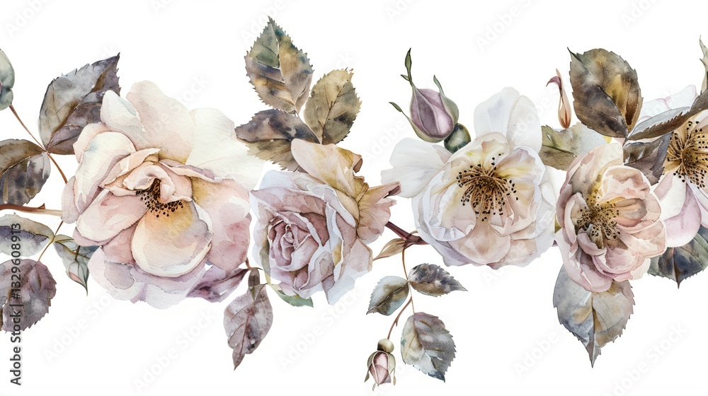 Fototapeta premium Pink roses with green leaves in watercolor style, symbolizing natural beauty and delicate elegance.
