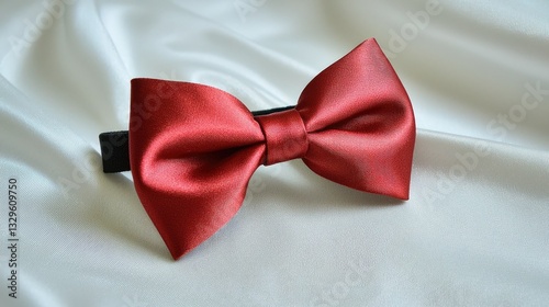 Classic red bow tied neatly on a white background, its silky texture reflecting light beautifully.