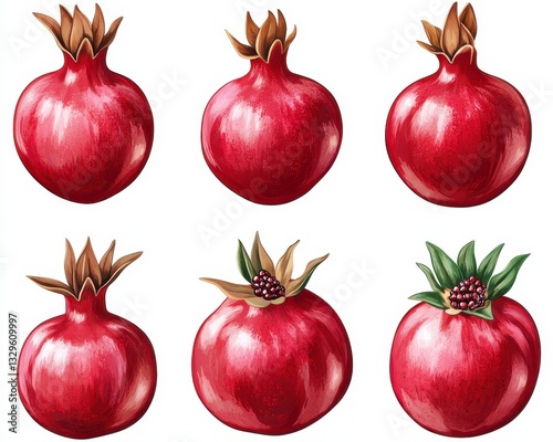 Six Pomegranate Illustrations Red Fruit Variations on White Background