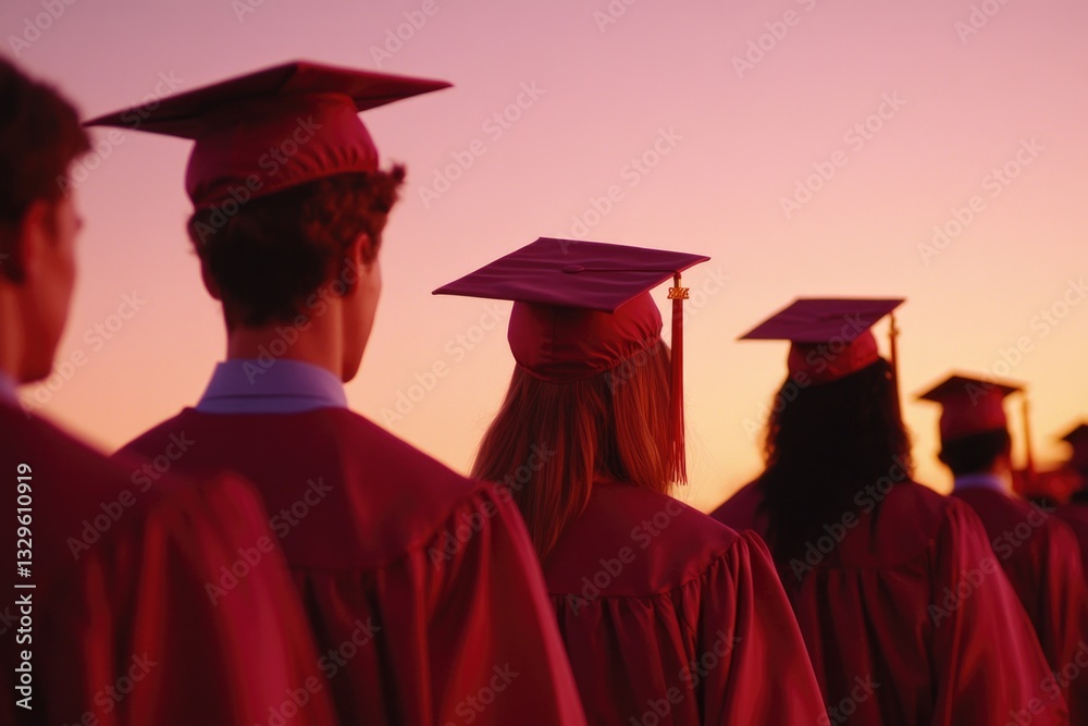 © Ivan - Graduates in caps and gowns stand united against vibrant sunset © Ivan - Graduates in caps and gowns stand united against vibrant sunset