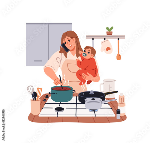 Multitasking mother cooks food, holds baby on hands and talks on the phone. Mom with kid cooking meal on gas stove, does housework in kitchen. Flat isolated vector illustration on white background