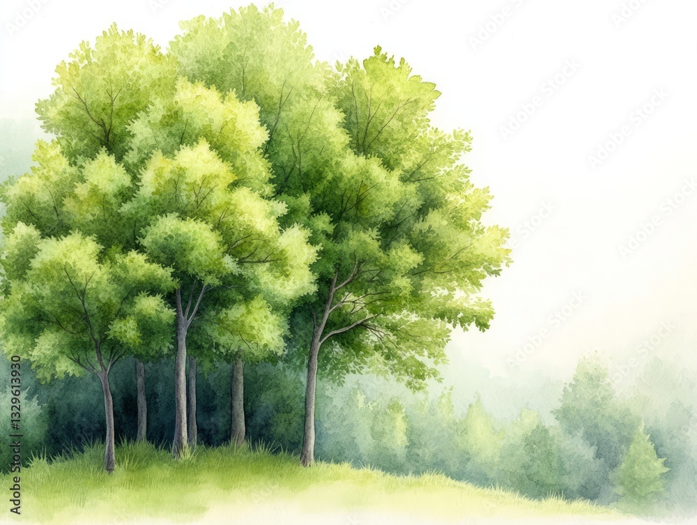 Fototapeta premium Lush Green Trees in a Beautiful Natural Landscape Watercolor Illustration