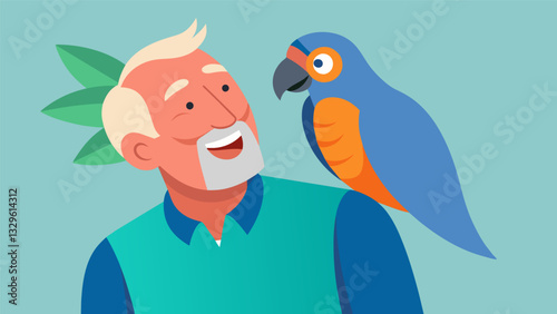 A therapy parrot perches on the shoulder of a resident imitating their laughter and chattering away providing a sense of lightheartedness to the visit.. Vector illustration