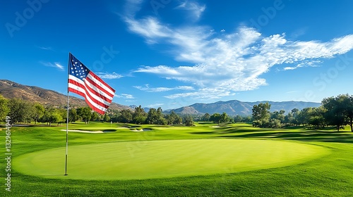 American flag on a golf course green.
