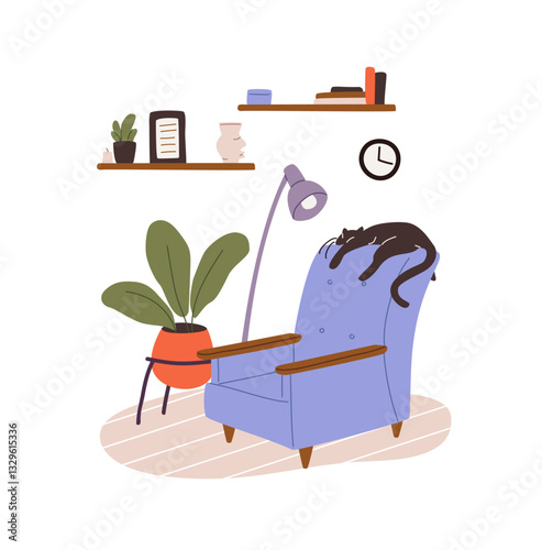 Cute cat sleeps on comfort armchair indoors. Black kitty relaxes, naps in cozy interior with bookshelves, houseplants. Lazy pet lying at home. Flat isolated vector illustration on white background