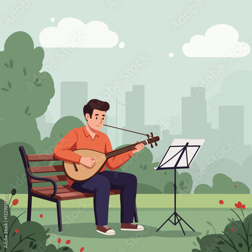 Man Playing String Instrument in Park with Musical Notes Stand