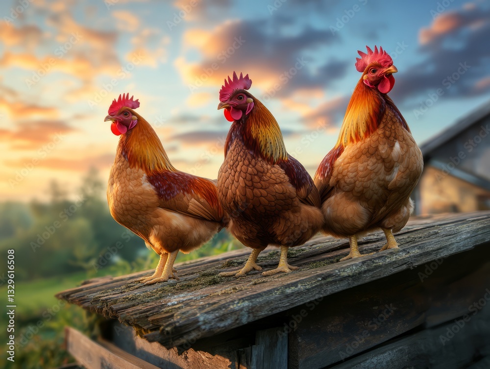 Fototapeta premium Three Colorful Roosters Perched on a Rustic Wooden Barn at Sunrise with a Beautiful Sky