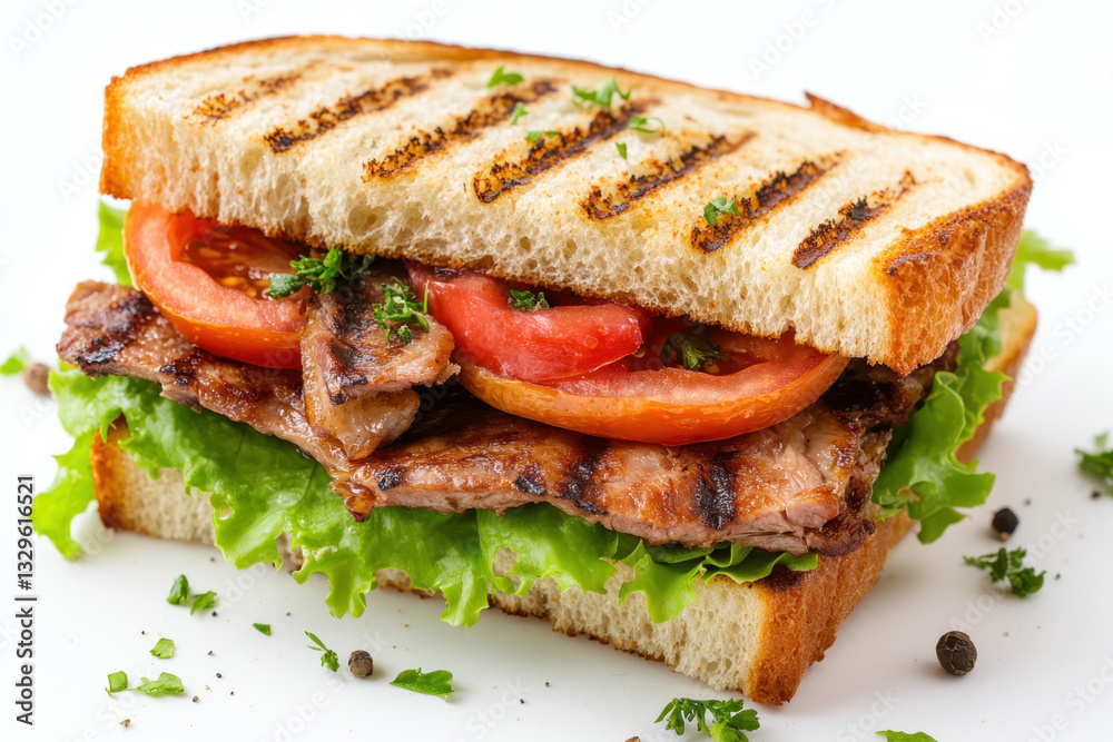 Grilled sandwich: stacked with meat, tomatoes, lettuce. Grilled sandwich: stacked with meat, tomatoes, lettuce.