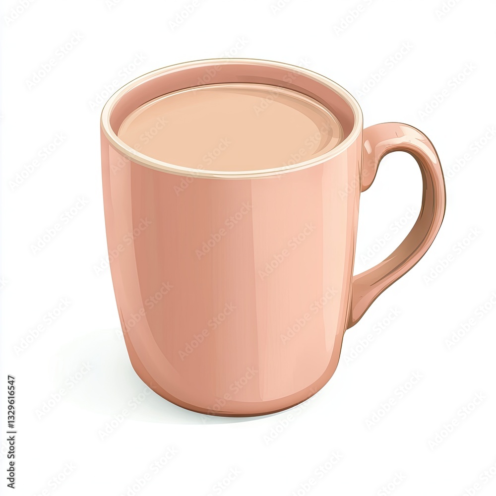 Warm cocoa in peach mug, white background. Perfect for cafe menu