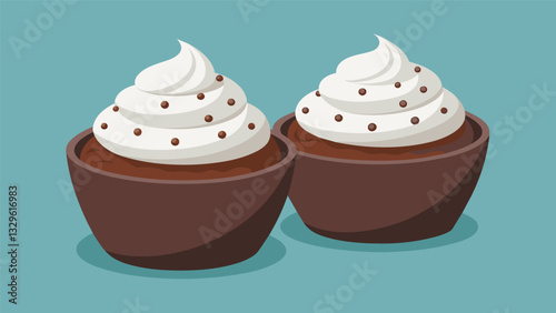 Creamy and indulgent chocolate mousse cups topped with a dollop of whipped cream and a sprinkle of cocoa powder.. Vector illustration