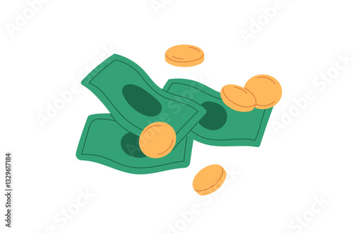 Cash money icon. Golden coins and paper bills. Green banknotes, bank notes. Financial literacy. Finance savings. Concept of currency account. Flat isolated vector illustration on white background
