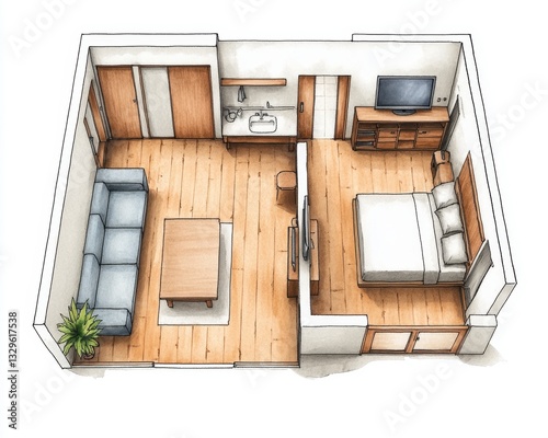 Small Apartment Floor Plan Top Down View of Modern Interior Design with Light Wood Floors and Blue