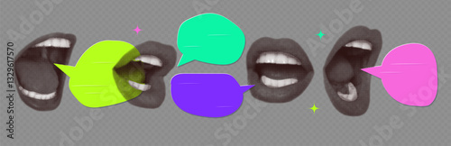 Set of screaming mouths with speech balloons. Halftone dotted collage texture and retro grunge style vector.