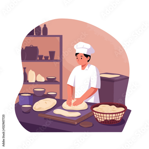 Baker Kneading Dough in Kitchen Preparing Bread with Ingredients Nearby