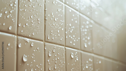 Gleaming bathroom tiles with water droplets create fresh and clean atmosphere