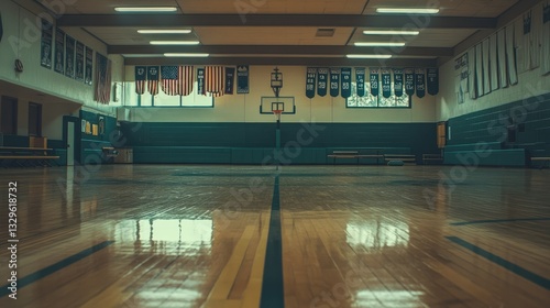 Fototapeta Naklejka Na Ścianę i Meble -  A high school gymnasium with polished wooden floors, a basketball hoop, and sports banners hanging from the ceiling.