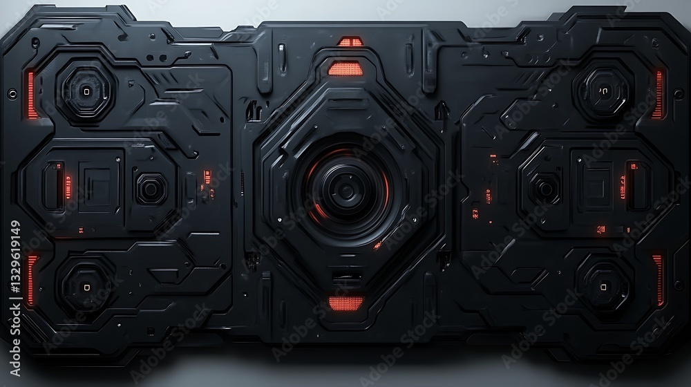 Fototapeta premium Futuristic Black Panel with Central Lens and Red Lights