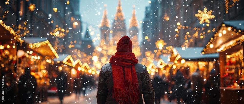 Traveler with a red scarf, walking through a Christmas market, holiday lights glowing around Traveler with a red scarf, walking through a Christmas market, holiday lights glowing around