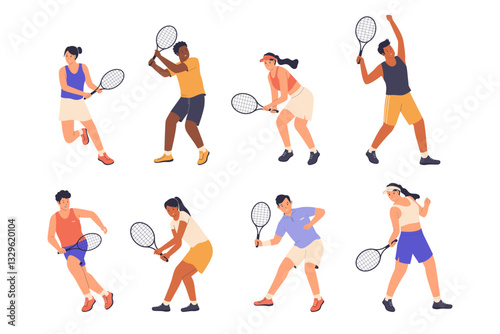 Set illustration of tennis player concept. Athlete characters holding rackets to play tennis. Illustration for website, landing page, mobile app, poster and banner.