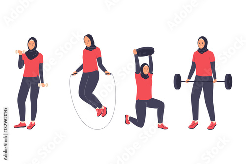Set illustration of muslim women sport gym concept. Muslim woman character doing fitness exercises with dumbbells in gym, healthy lifestyle. Illustration for website, landing page, mobile app, poster 