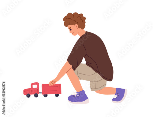 Lonely boy plays with toy. Curly kid has fun with games alone. Happy child holds in hand, controls car, tractor during playtime. Boyish amusement. Flat isolated vector illustration on white background