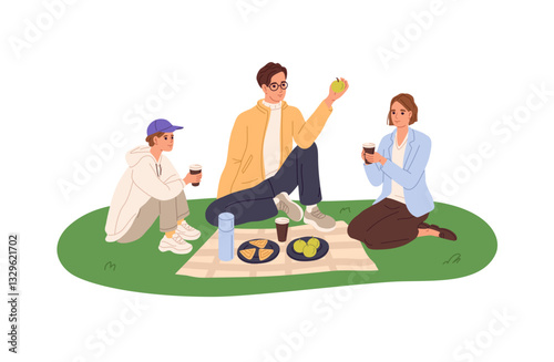 Happy family has a summer picnic at nature. Father, mother and son eat lunch on the grass in holiday. Parents and child relax together outdoors. Flat isolated vector illustration on white background