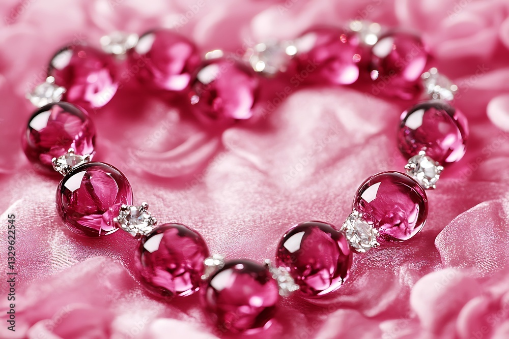 Fototapeta premium Ruby heart necklace on satin with petal backdrop