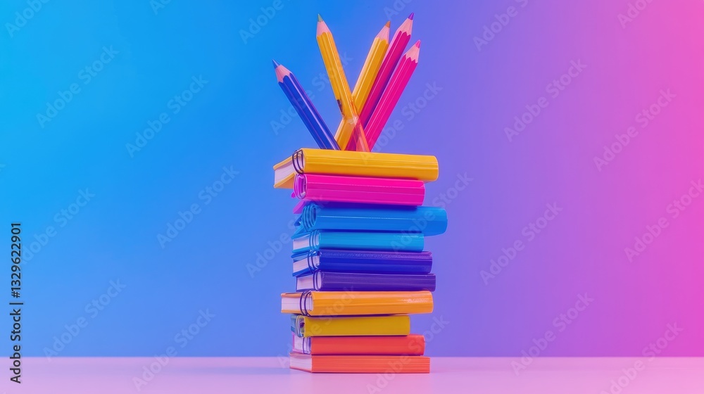 Fototapeta premium Brightly colored pens, pencils, and notebooks stacked neatly on a desk in preparation for school work.