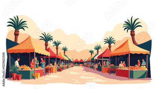 Vibrant multicultural marketplace with geometric stalls, community connection