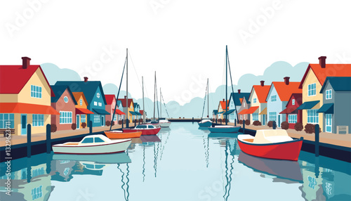 Serene waterfront community with colorful houses and boats, peaceful gathering