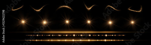 Sunlight, abstract special effect. Set of effects "Light". Glow isolated golden transparent light set, lens flare, explosion, dust, line, solar flare, spark and stars, spotlight, curve spiral.