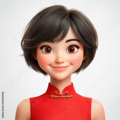 Smiling 3D Cartoon Woman in Red Cheongsam