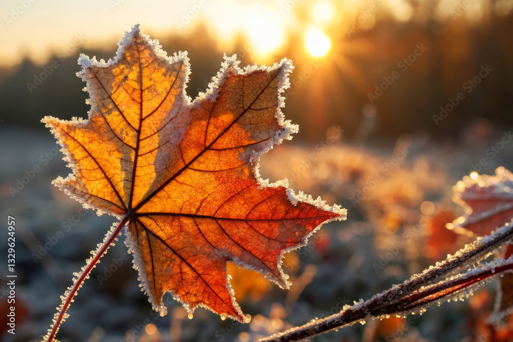 Frosty Maple Leaf Glowing in the Morning Sunlight Against a Beautiful Fall Background Frosty Maple Leaf Glowing in the Morning Sunlight Against a Beautiful Fall Background