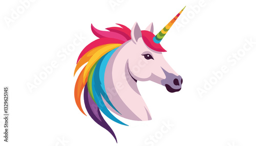 Stylized geometric unicorn head with rainbow mane, vibrant symbolism