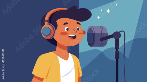 A teenager sits in a recording booth recording their own version of a song that holds special meaning to them. As they pour their heart and soul into each note their emotional. Vector illustration
