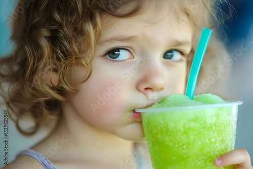 Young girl with curly hair drinking green slushie through a straw