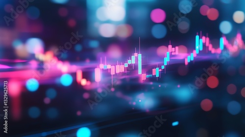 Forex trading graph with neon candlestick chart on dark bokeh background 3D Rendering