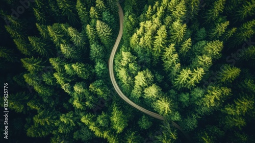 A breathtaking aerial view of a dense evergreen forest with a winding path cutting through.