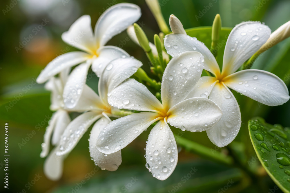 Fototapeta premium Delicate White Plumeria Flowers Adorned with Fresh Morning Dew Drops in Nature's Embrace