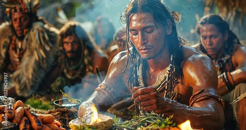 Indigenous people gathering, ritual fire, jungle background, possible use in documentaries or historical recreations