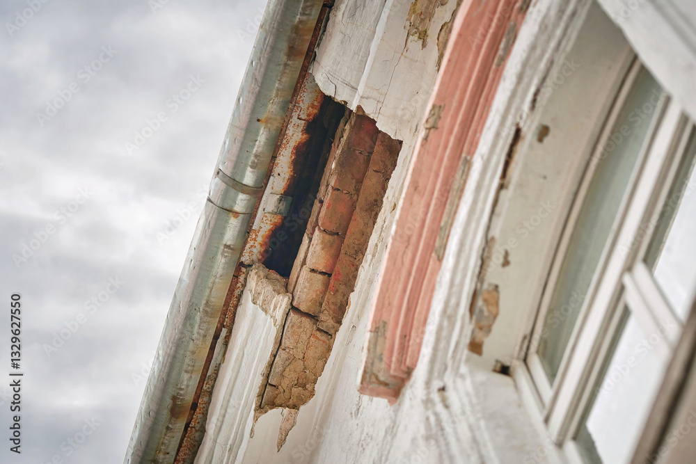 Neglected historic building with crumbling cornice, missing plaster, and exposed bricks, architectural decay. Damaged building exterior with worn plaster and visible hole in the roof cornice