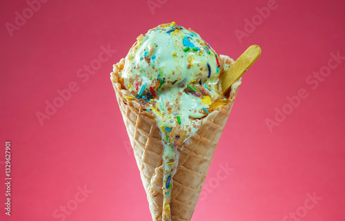 Ice cream cone with colorful sprinkles on red background. Close up.