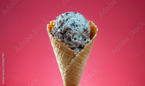 Ice cream cone with colorful sprinkles on red background. Close up.
