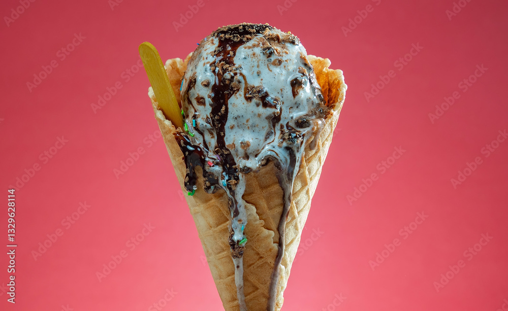 Ice cream cone with colorful sprinkles on red background. Close up.