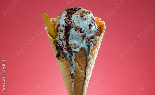 Obraz na płótnie Ice cream cone with colorful sprinkles on red background. Close up. w salonie